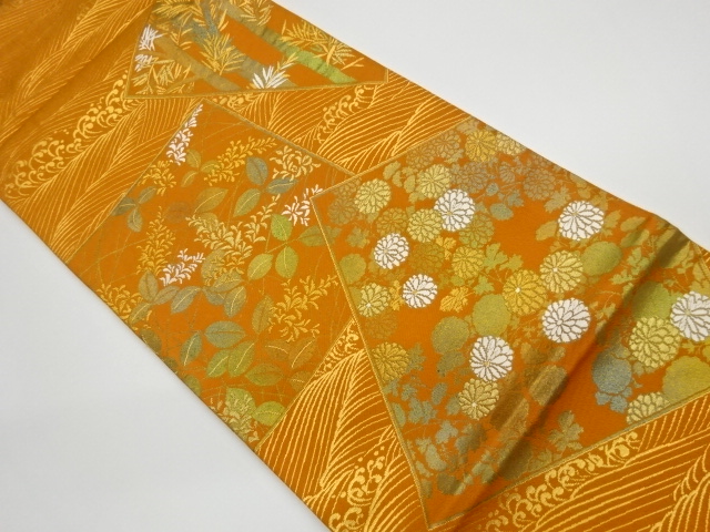 JAPANESE KIMONO / VINTAGE FUKURO OBI / WOVEN ROUGH WAVE & FLORAL PLANTS